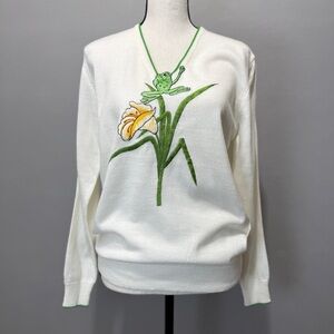 NEW Rochelle California Sweater Womens L Retro Embroidered Frog Whimsy 80s Vtg